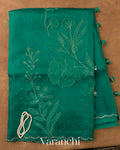 Teal Blue Floral Applique Pure Kora Silk Saree — Full Saree