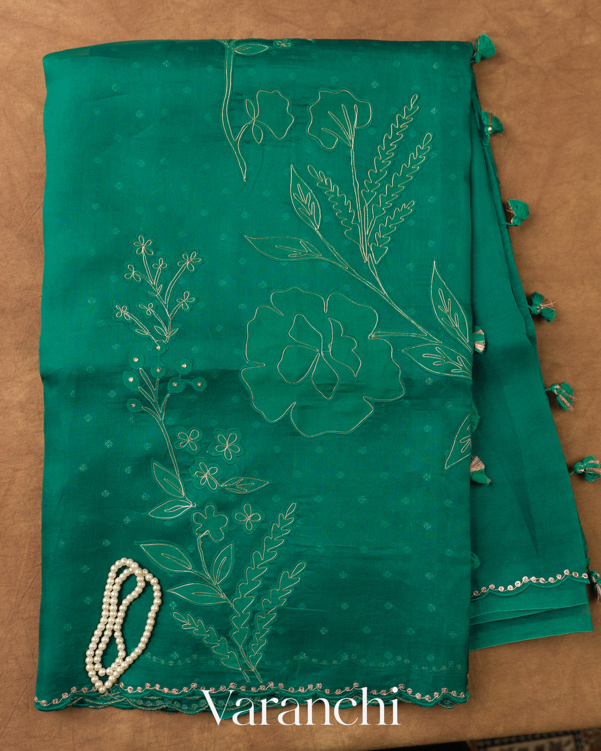 Teal Blue Floral Applique Pure Kora Silk Saree — Full Saree