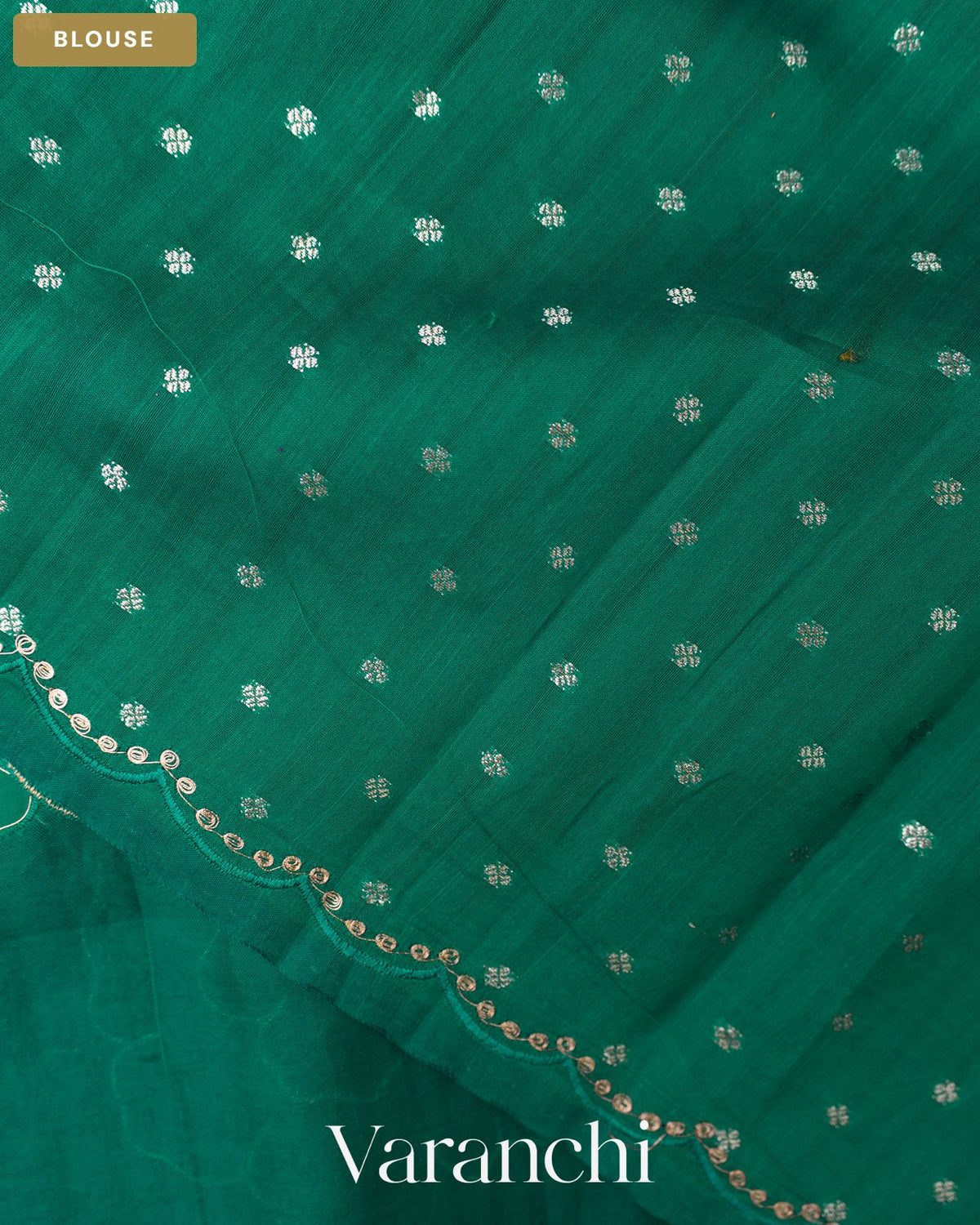 Teal Blue Floral Applique Pure Kora Silk Saree — Blouse