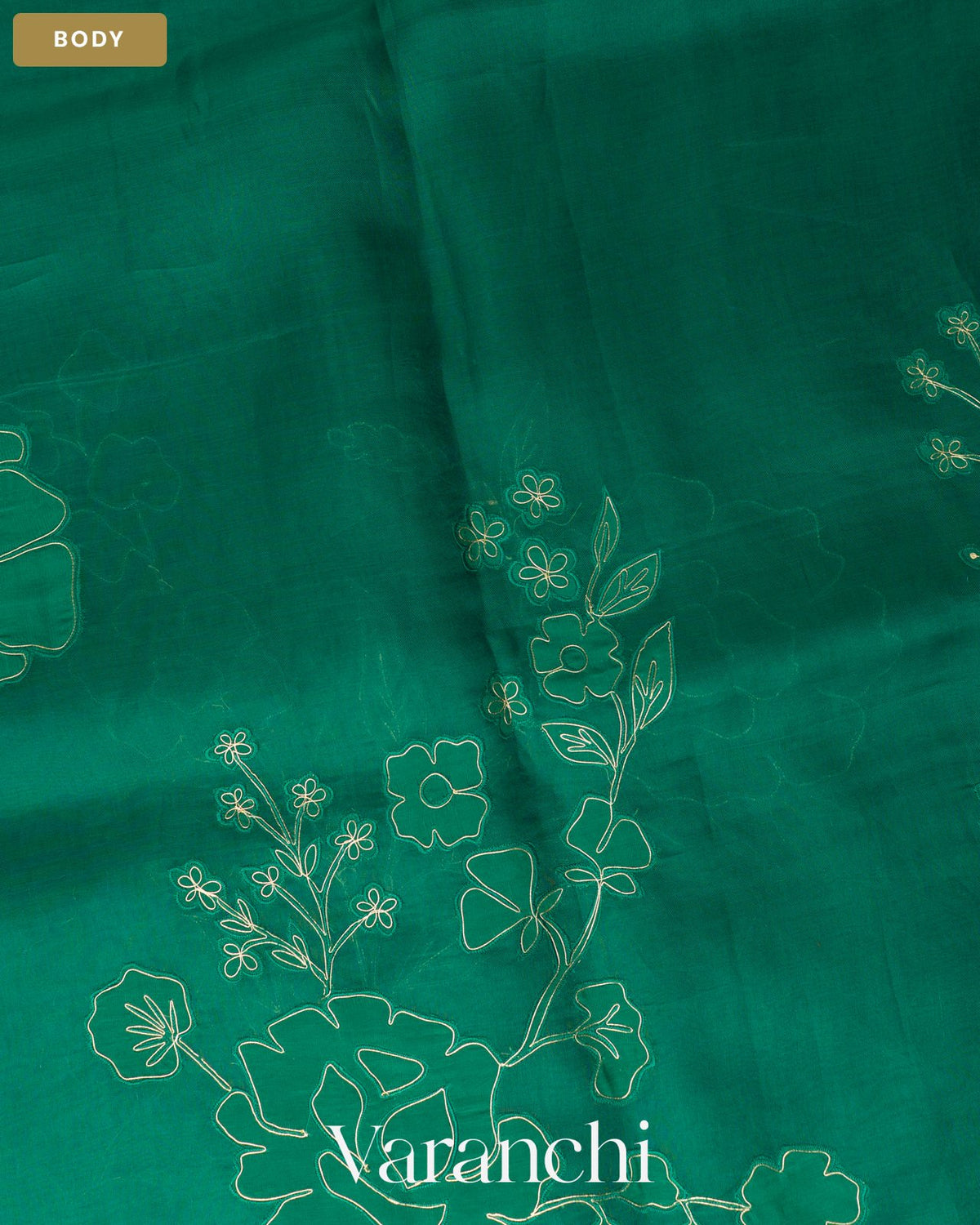 Teal Blue Floral Applique Pure Kora Silk Saree — Body