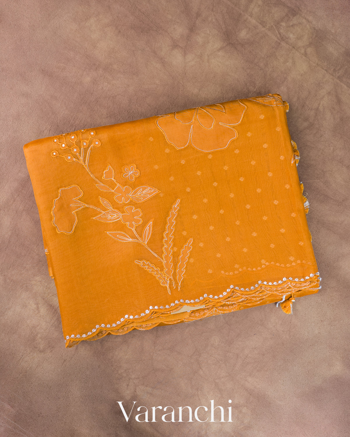 Olive Yellow Floral Applique Pure Kora Silk Saree — Folded