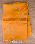 Olive Yellow Floral Applique Pure Kora Silk Saree — Full Saree