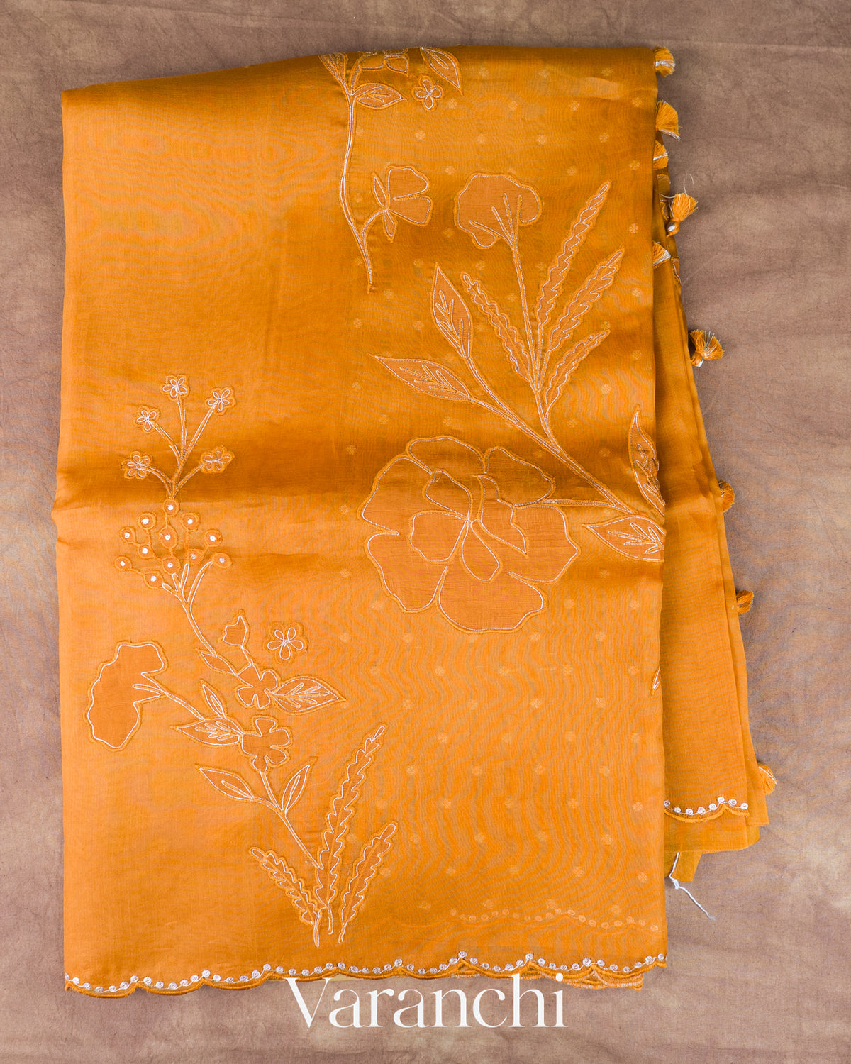 Olive Yellow Floral Applique Pure Kora Silk Saree — Full Saree