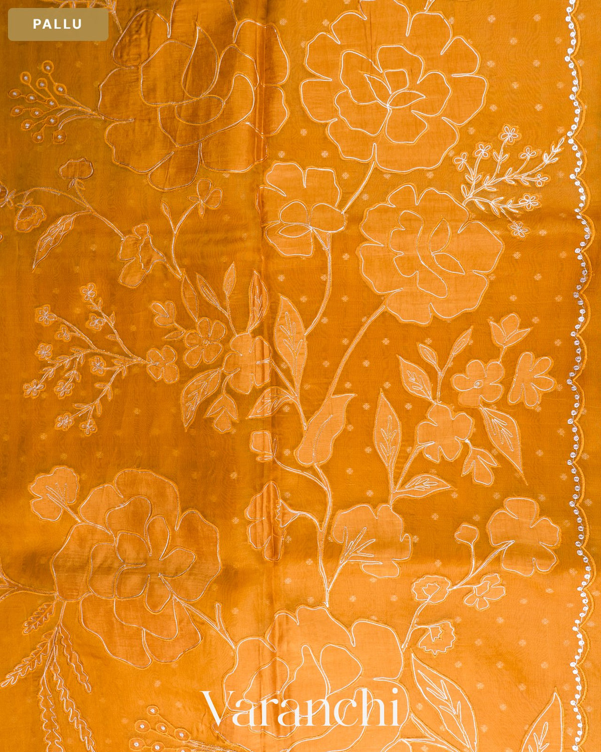 Olive Yellow Floral Applique Pure Kora Silk Saree — Pallu