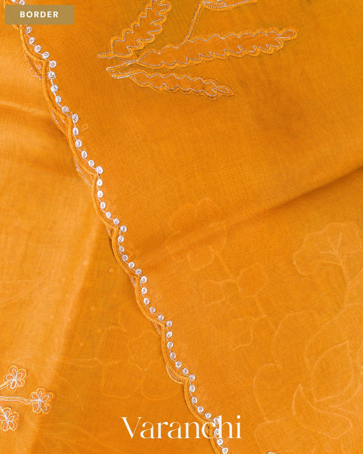 Olive Yellow Floral Applique Pure Kora Silk Saree — Border