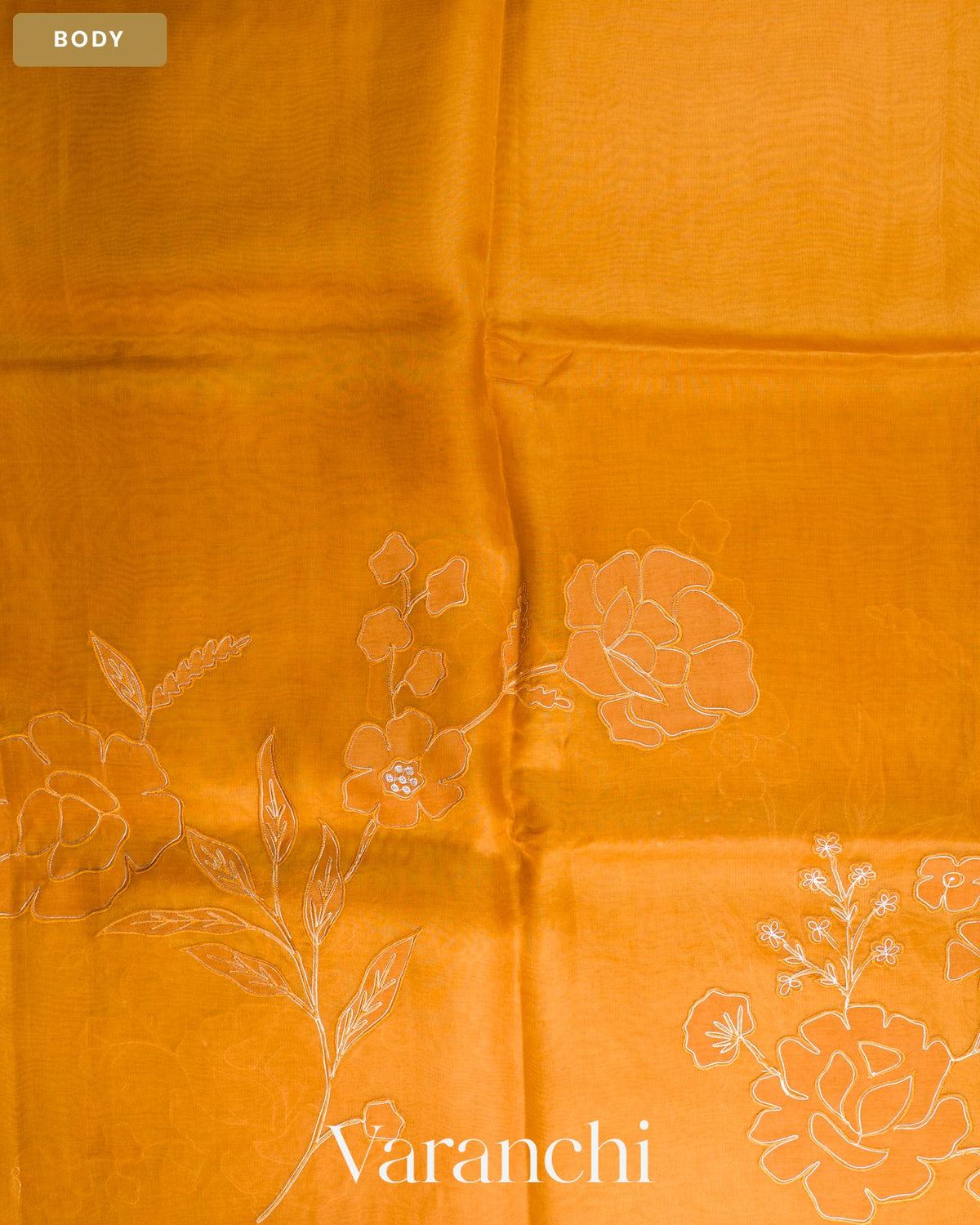Olive Yellow Floral Applique Pure Kora Silk Saree — Body