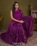 Deep Purple Floral Applique Pure Kora Silk Saree — Draped