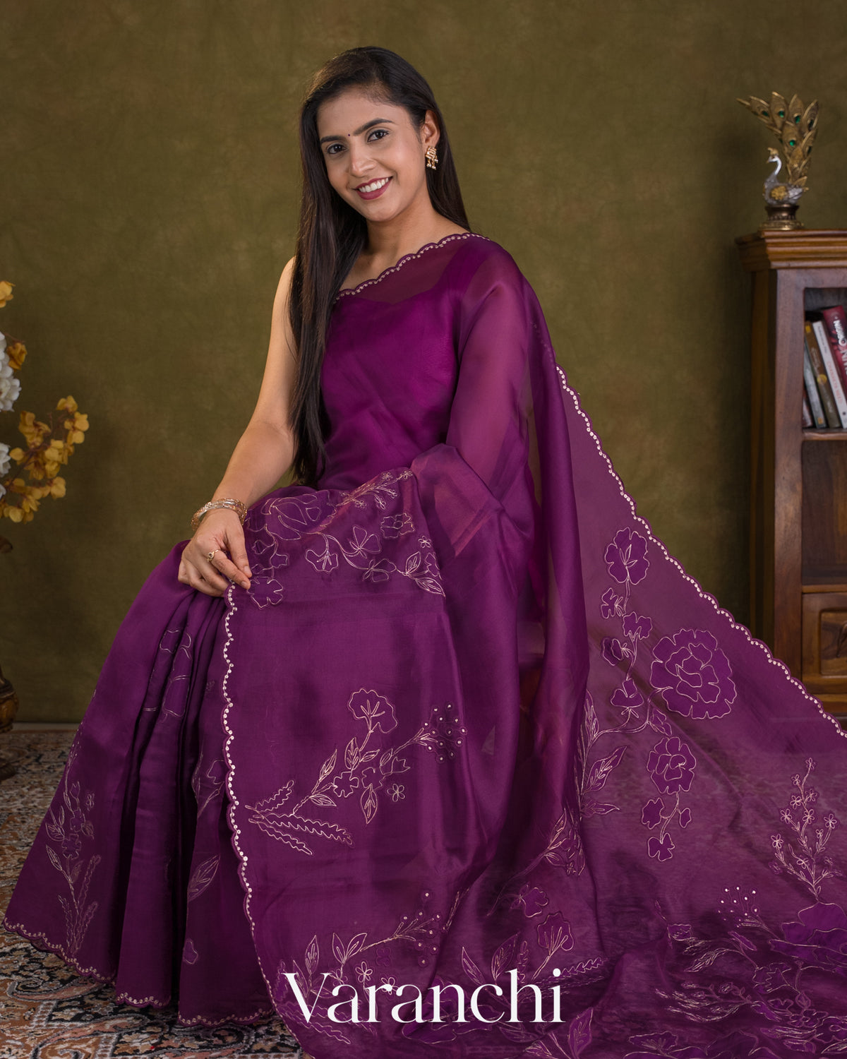 Deep Purple Floral Applique Pure Kora Silk Saree — Draped