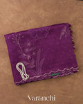 Deep Purple Floral Applique Pure Kora Silk Saree — Folded