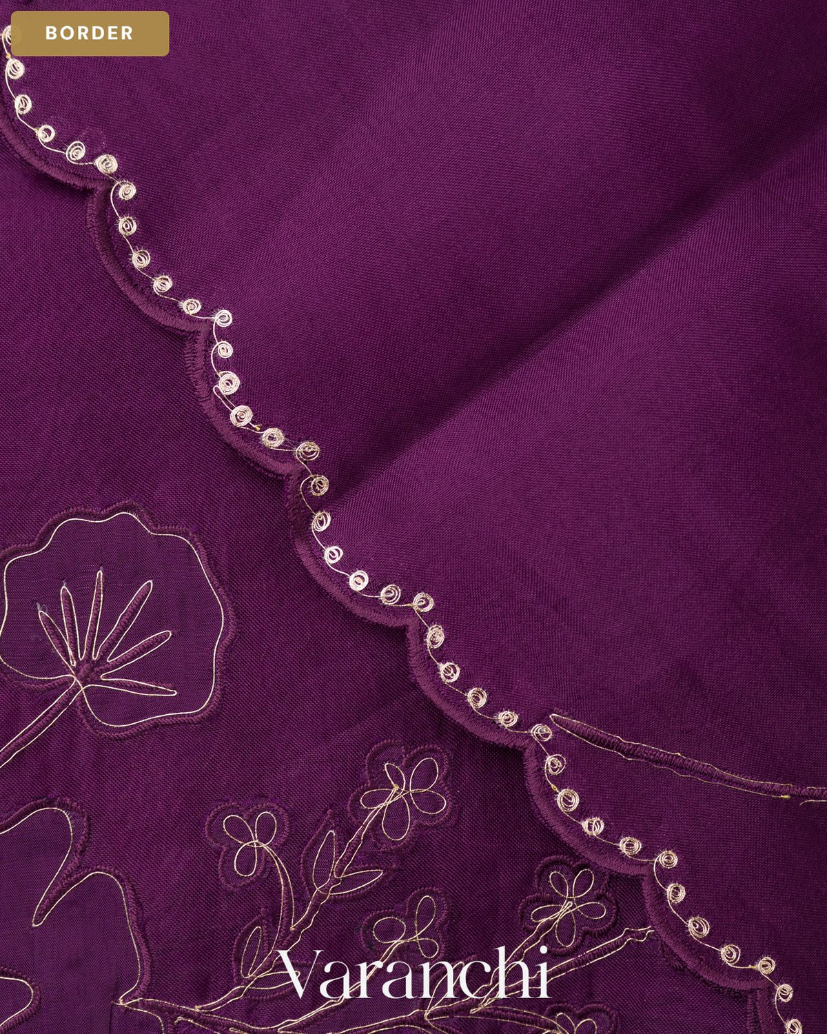 Deep Purple Floral Applique Pure Kora Silk Saree — Border