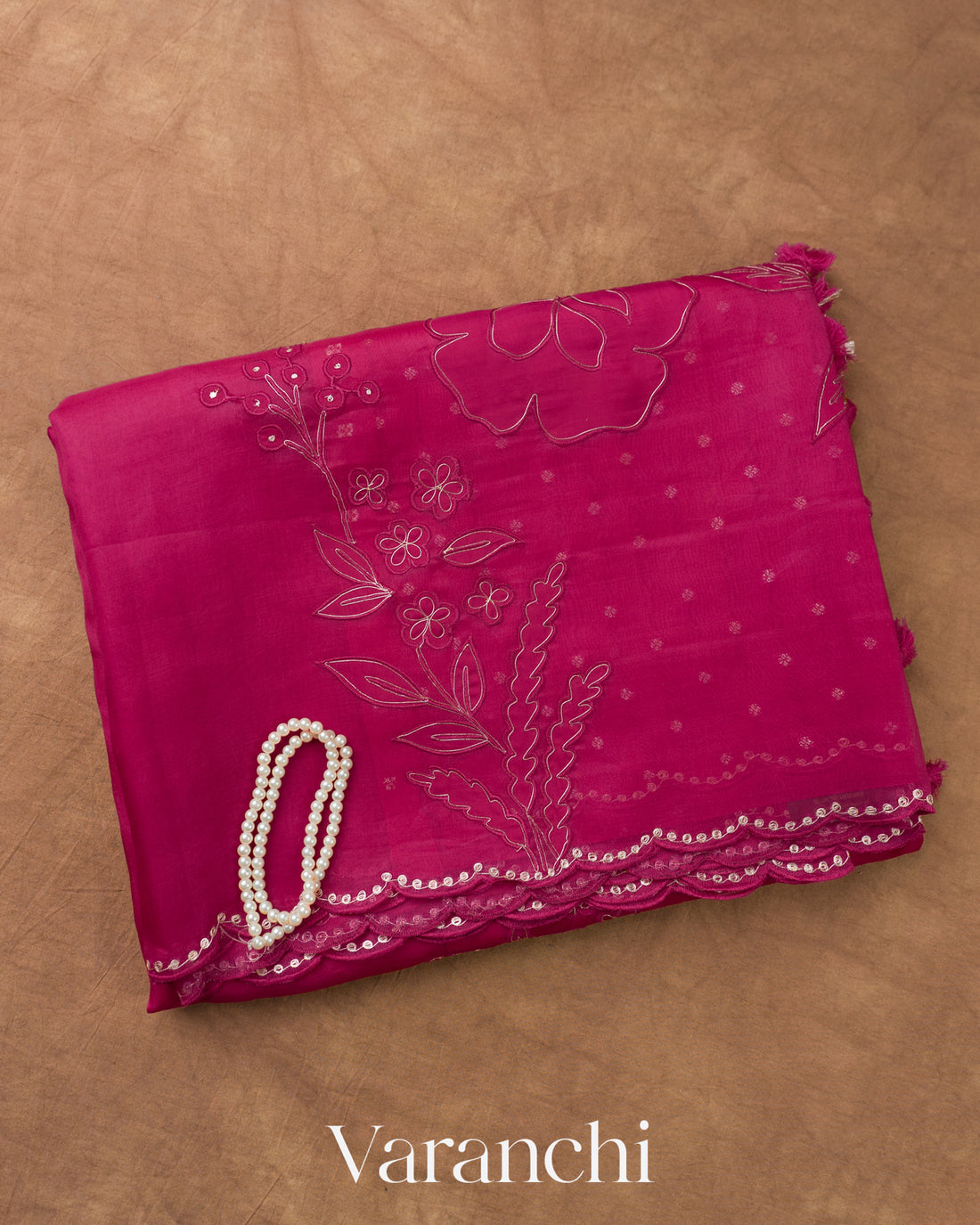 Magenta Pink Floral Applique Pure Kora Silk Saree — Folded