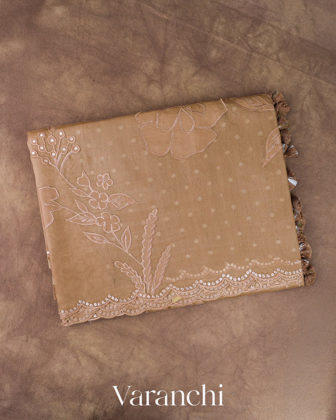 Dark Cream Floral Applique Pure Kora Silk Saree — Folded
