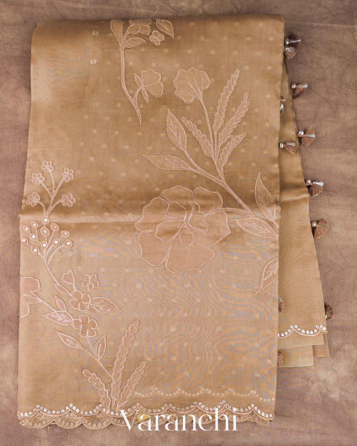 Dark Cream Floral Applique Pure Kora Silk Saree — Full Saree