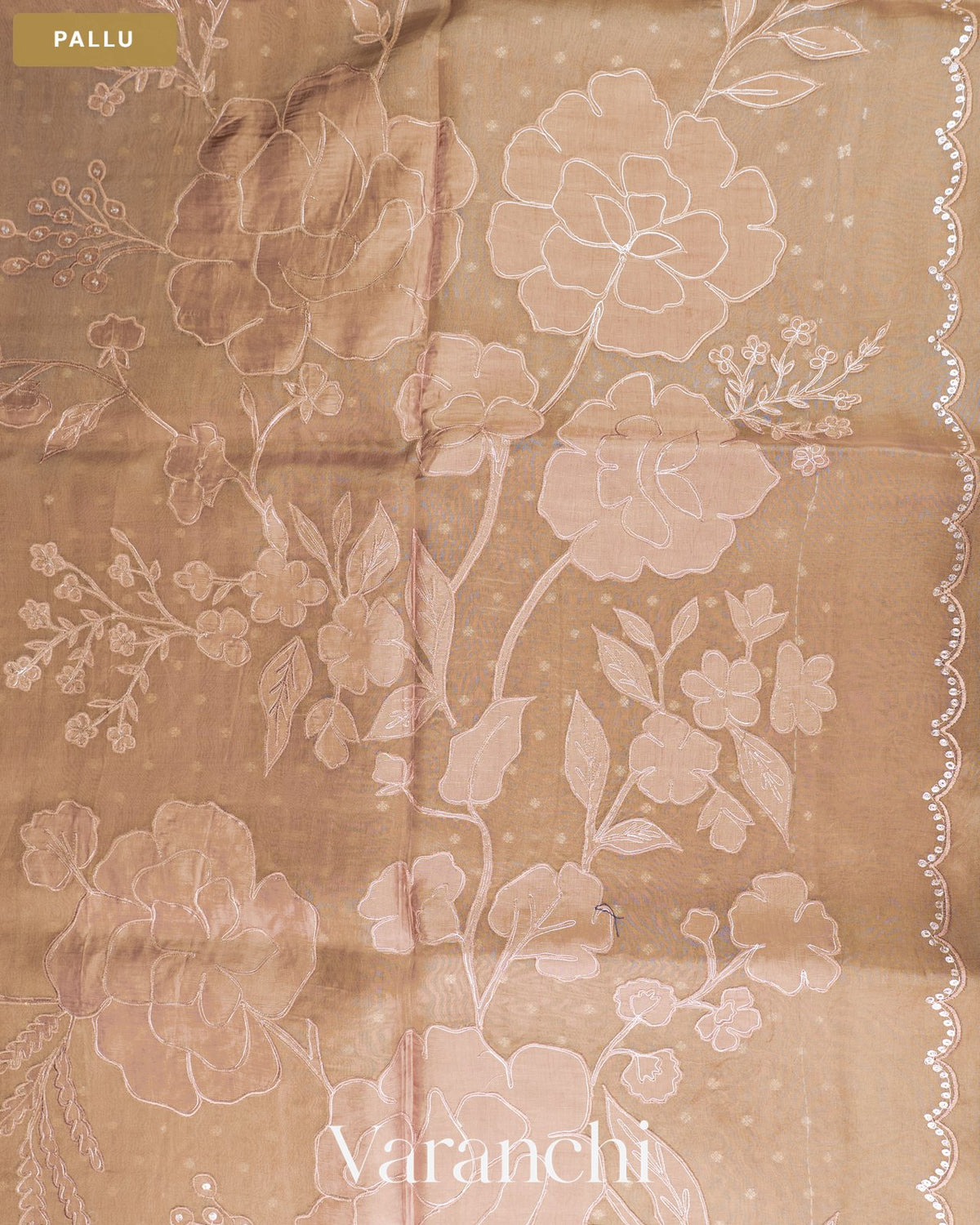 Dark Cream Floral Applique Pure Kora Silk Saree — Pallu