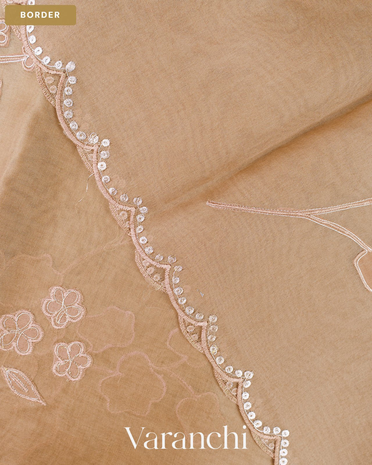Dark Cream Floral Applique Pure Kora Silk Saree — Border