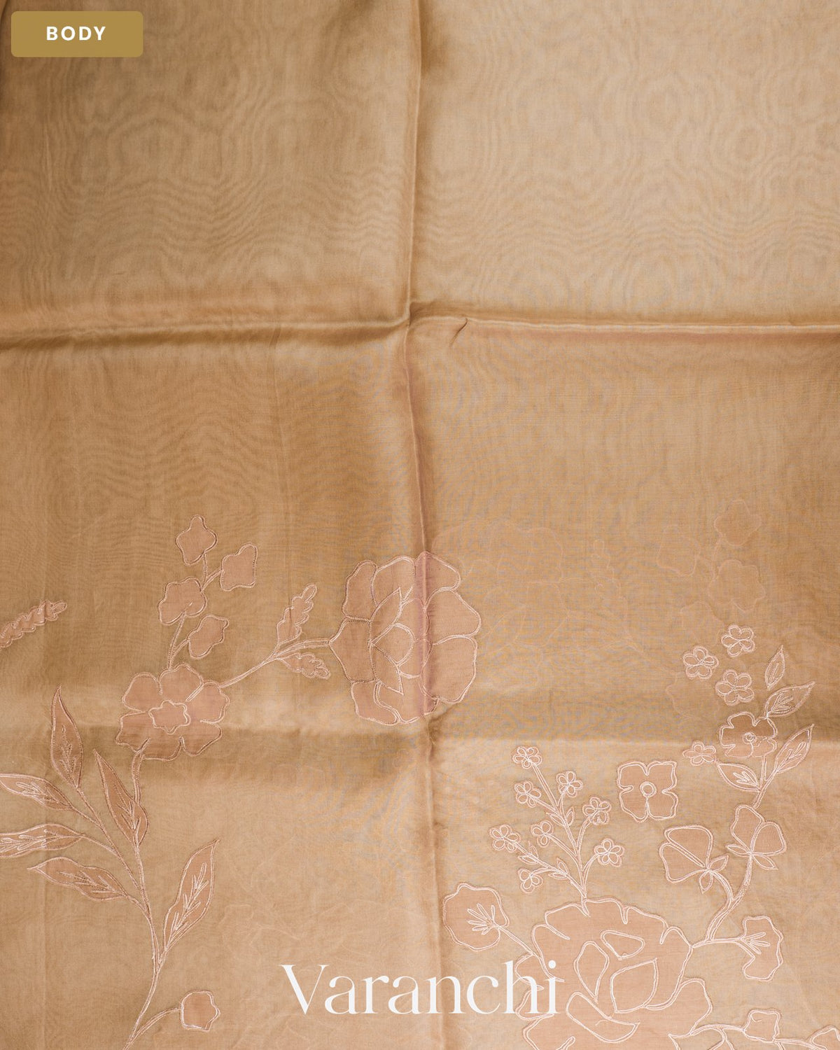 Dark Cream Floral Applique Pure Kora Silk Saree — Body
