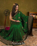 Bottle Green Pure Raw Silk Handloom Saree — Draped