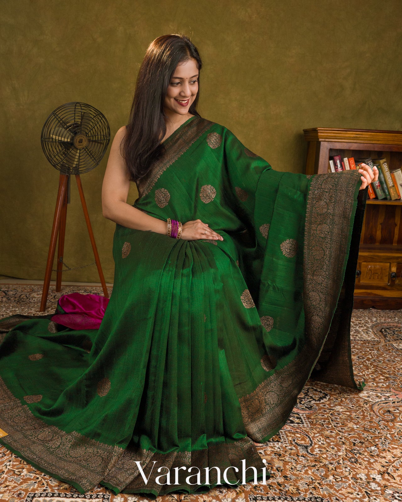 Bottle Green Pure Raw Silk Handloom Saree — Draped