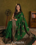 Bottle Green Pure Raw Silk Handloom Saree — Draped