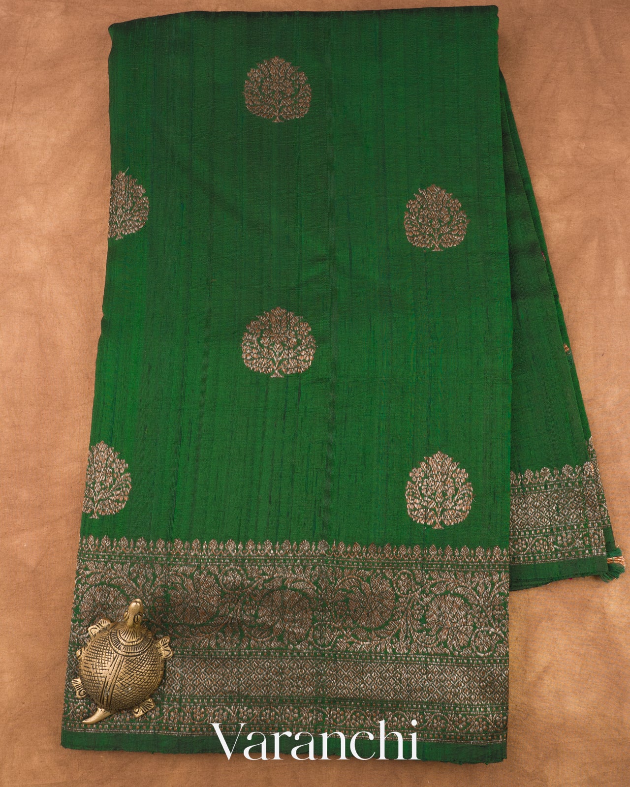 Bottle Green Pure Raw Silk Handloom Saree — Full Saree