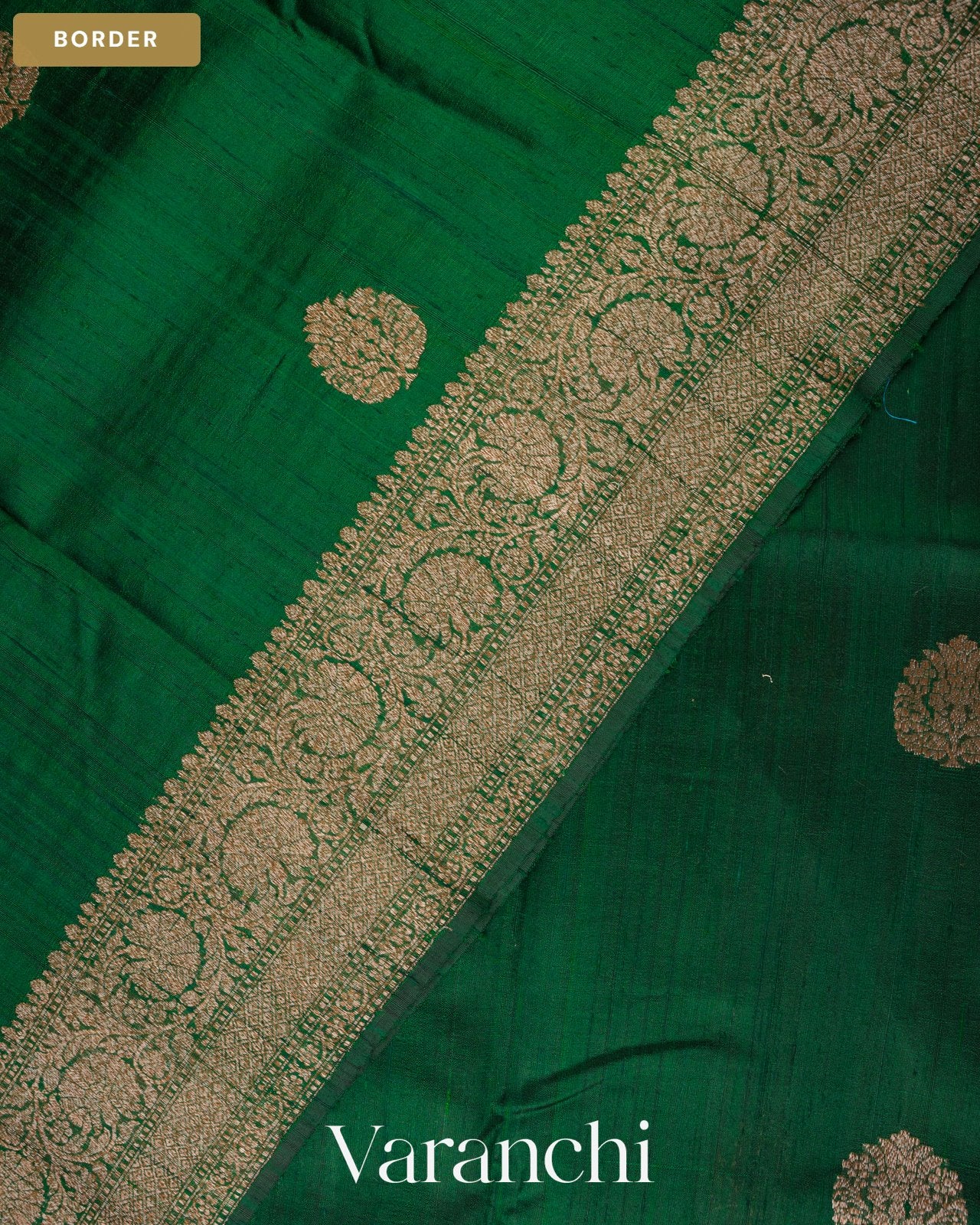 Dark Green with Red Pure Raw Silk Handloom Saree — Border