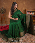 Dark Green with Red Pure Raw Silk Handloom Saree — Draped