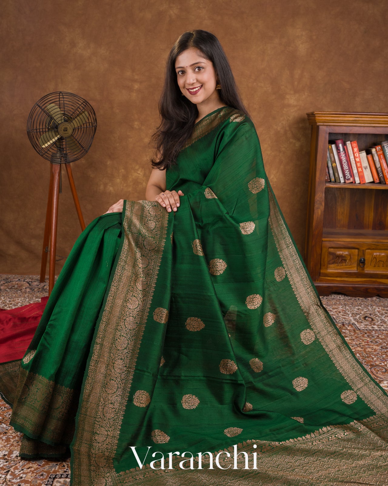 Dark Green with Red Pure Raw Silk Handloom Saree — Draped