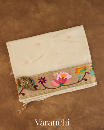 Off-White Paithani Embroidered Border Pure Tussar Silk Saree — Folded