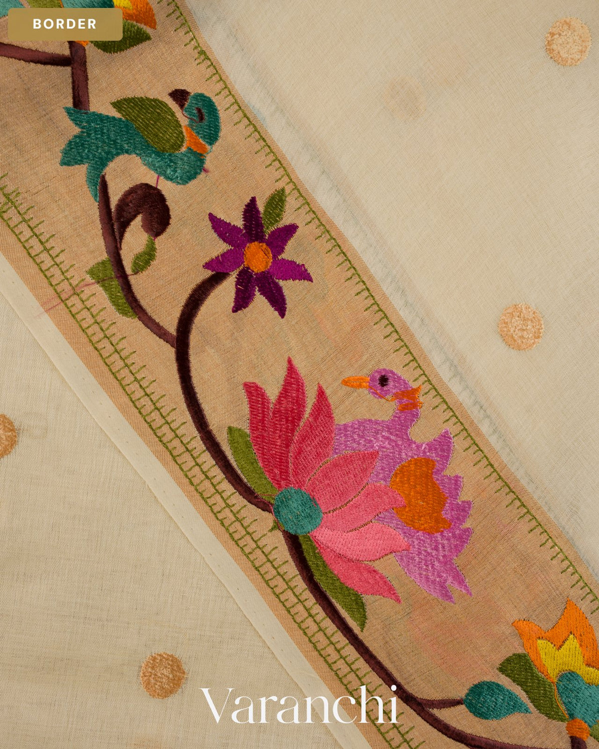 Off-White Paithani Embroidered Border Pure Tussar Silk Saree — Border