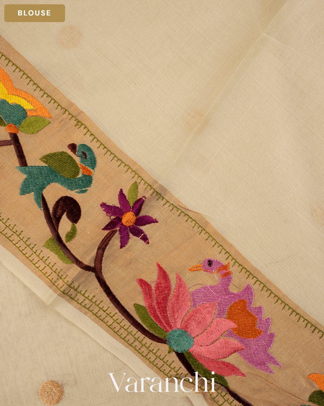 Off-White Paithani Embroidered Border Pure Tussar Silk Saree — Blouse