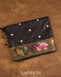 Jet Black Paithani Embroidered Border Pure Tussar Silk Saree — Folded