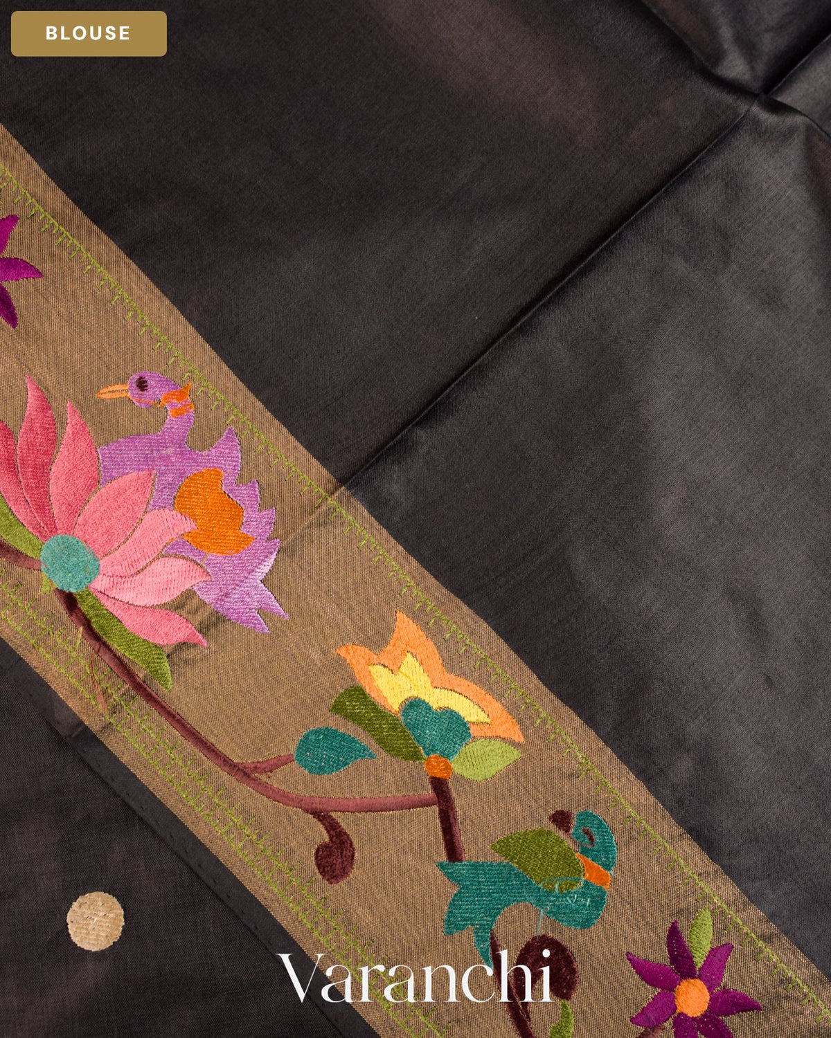Jet Black Paithani Embroidered Border Pure Tussar Silk Saree — Blouse