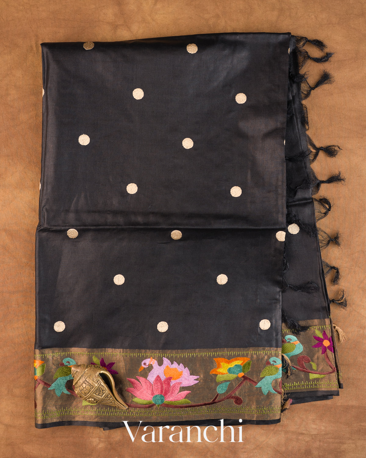 Jet Black Paithani Embroidered Border Pure Tussar Silk Saree — Full Saree