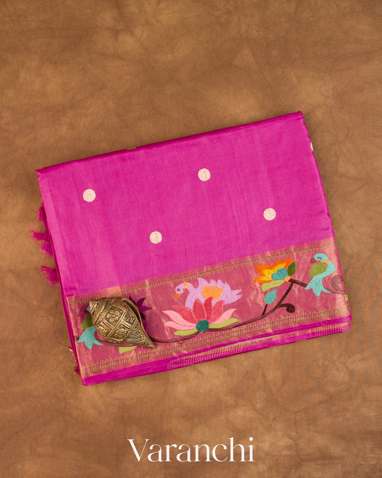 Magenta Pink Paithani Embroidered Border Pure Tussar Silk Saree — Folded