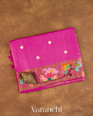 Magenta Pink Paithani Embroidered Border Pure Tussar Silk Saree — Folded