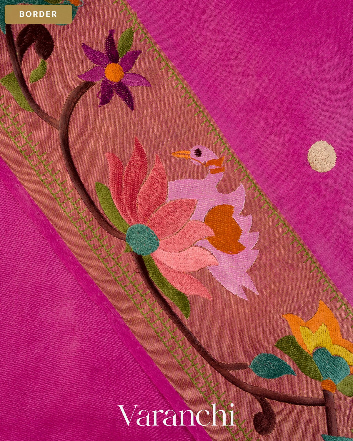 Magenta Pink Paithani Embroidered Border Pure Tussar Silk Saree — Border