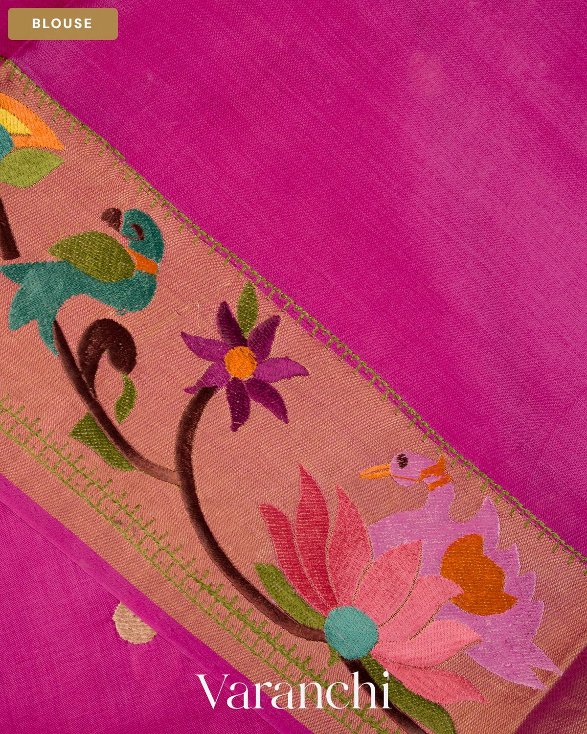 Magenta Pink Paithani Embroidered Border Pure Tussar Silk Saree — Blouse