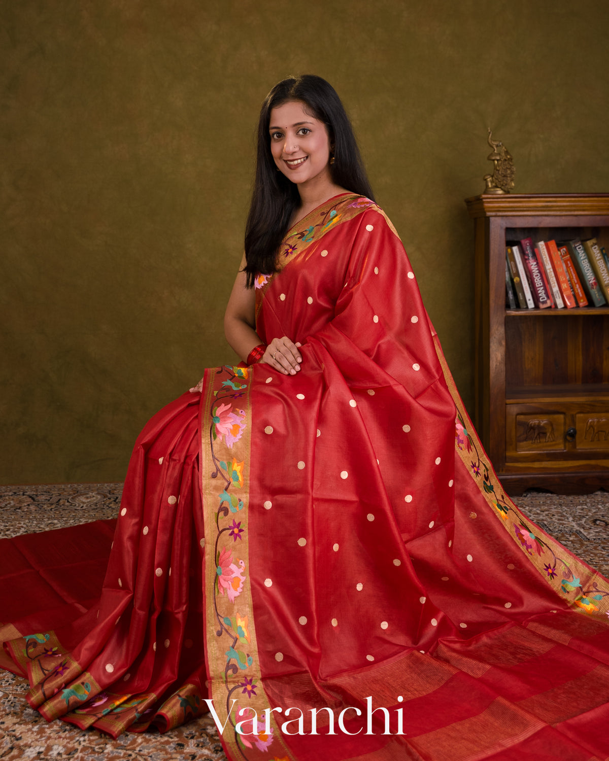 Brick Red Paithani Embroidered Border Pure Tussar Silk Saree — Draped