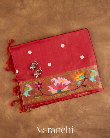 Brick Red Paithani Embroidered Border Pure Tussar Silk Saree — Folded
