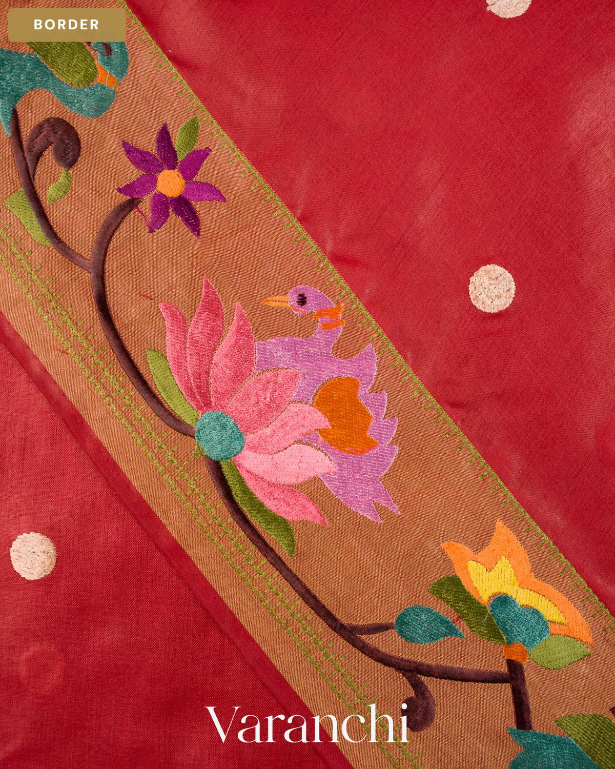 Brick Red Paithani Embroidered Border Pure Tussar Silk Saree — Border