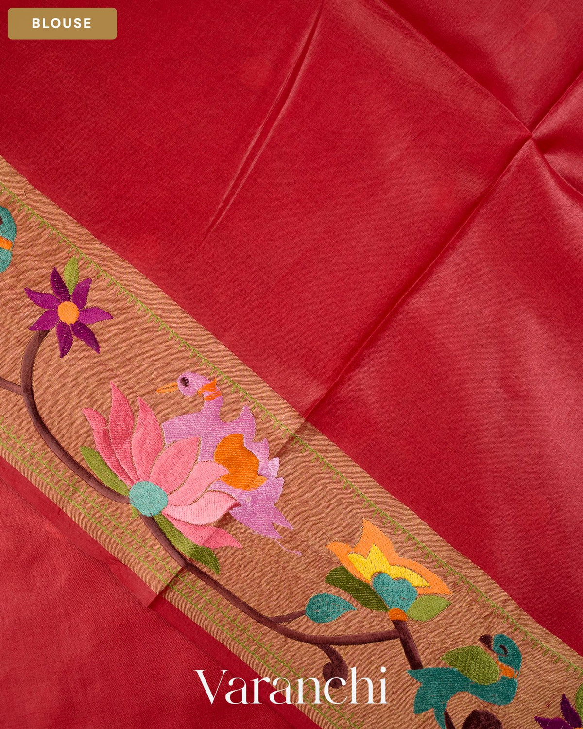 Brick Red Paithani Embroidered Border Pure Tussar Silk Saree — Blouse