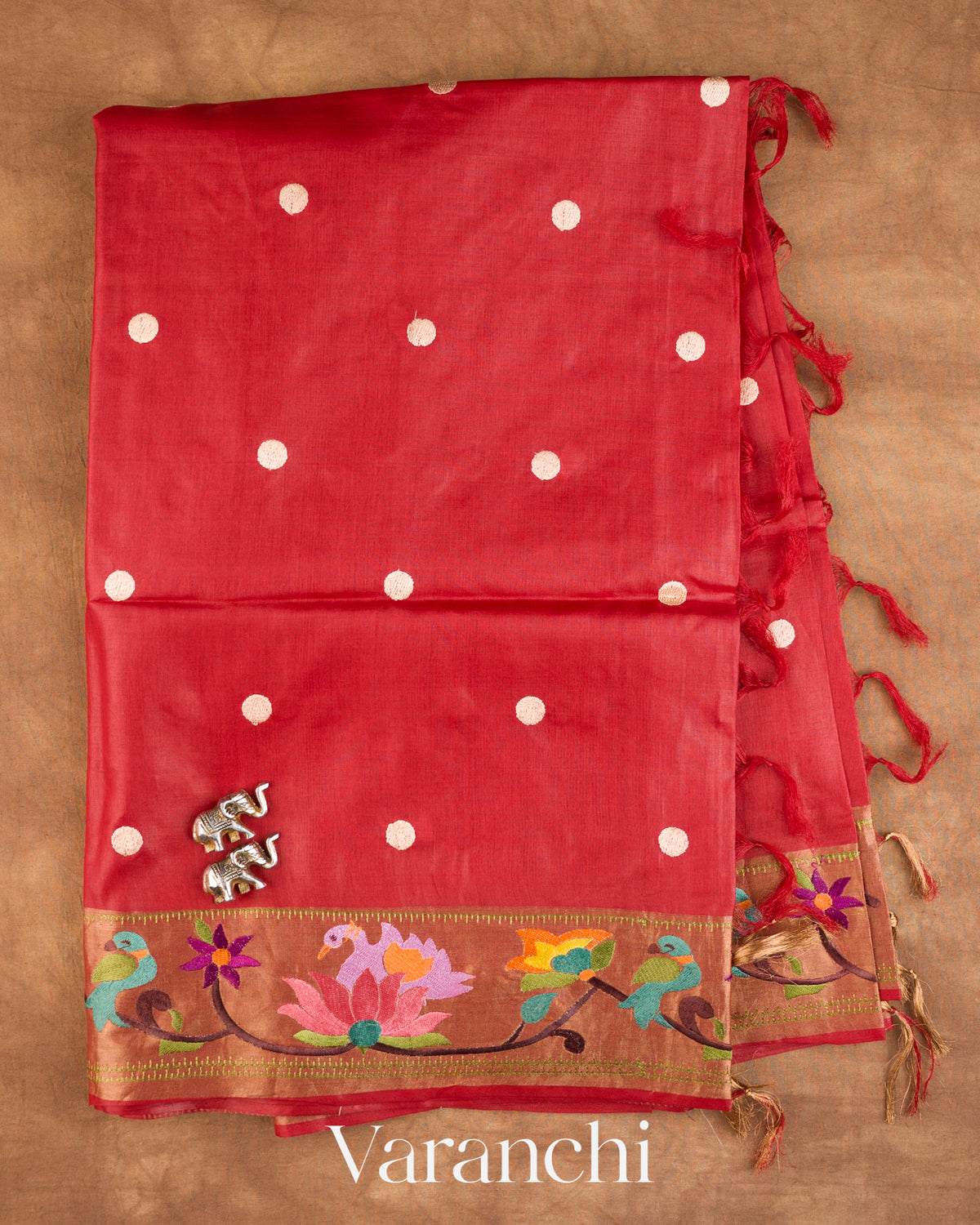 Brick Red Paithani Embroidered Border Pure Tussar Silk Saree — Full Saree