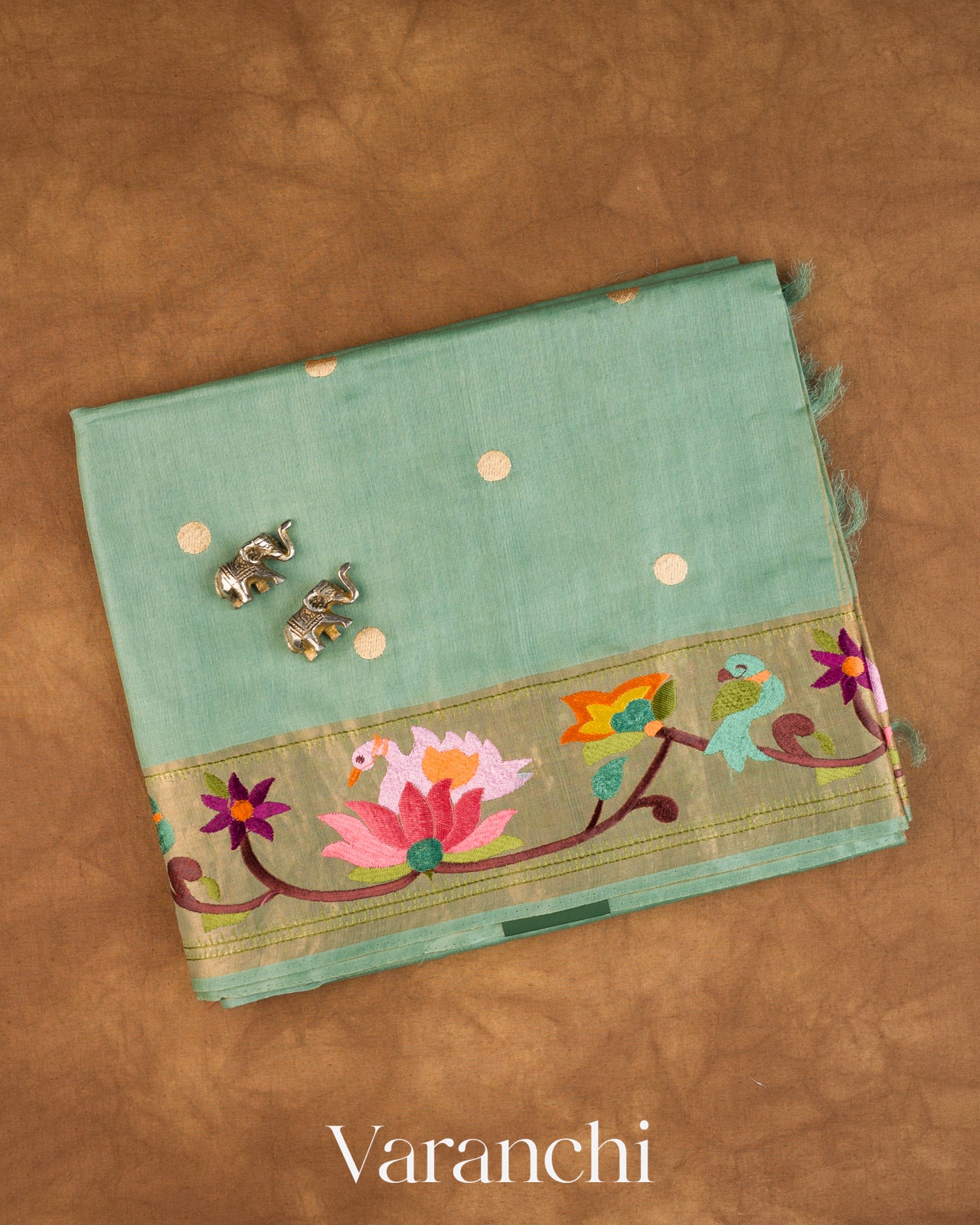 Powder Blue Paithani Embroidered Border Pure Tussar Silk Saree — Folded