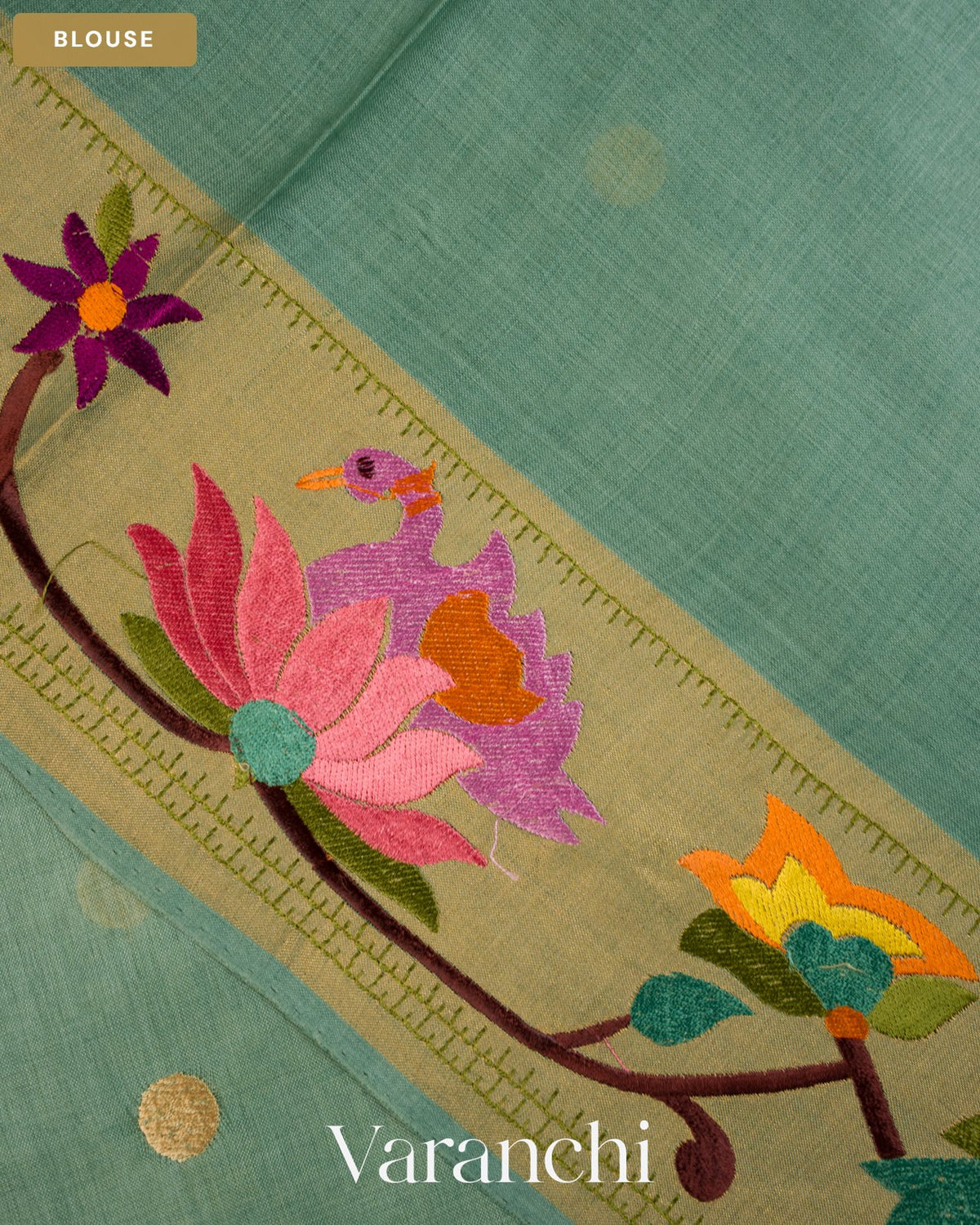 Powder Blue Paithani Embroidered Border Pure Tussar Silk Saree — Blouse