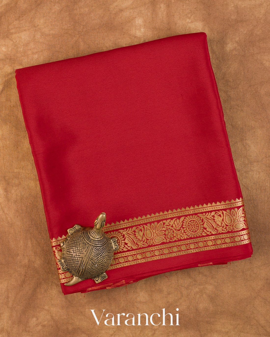 Royal Red Pure Mysore Crepe Silk Saree — Folded