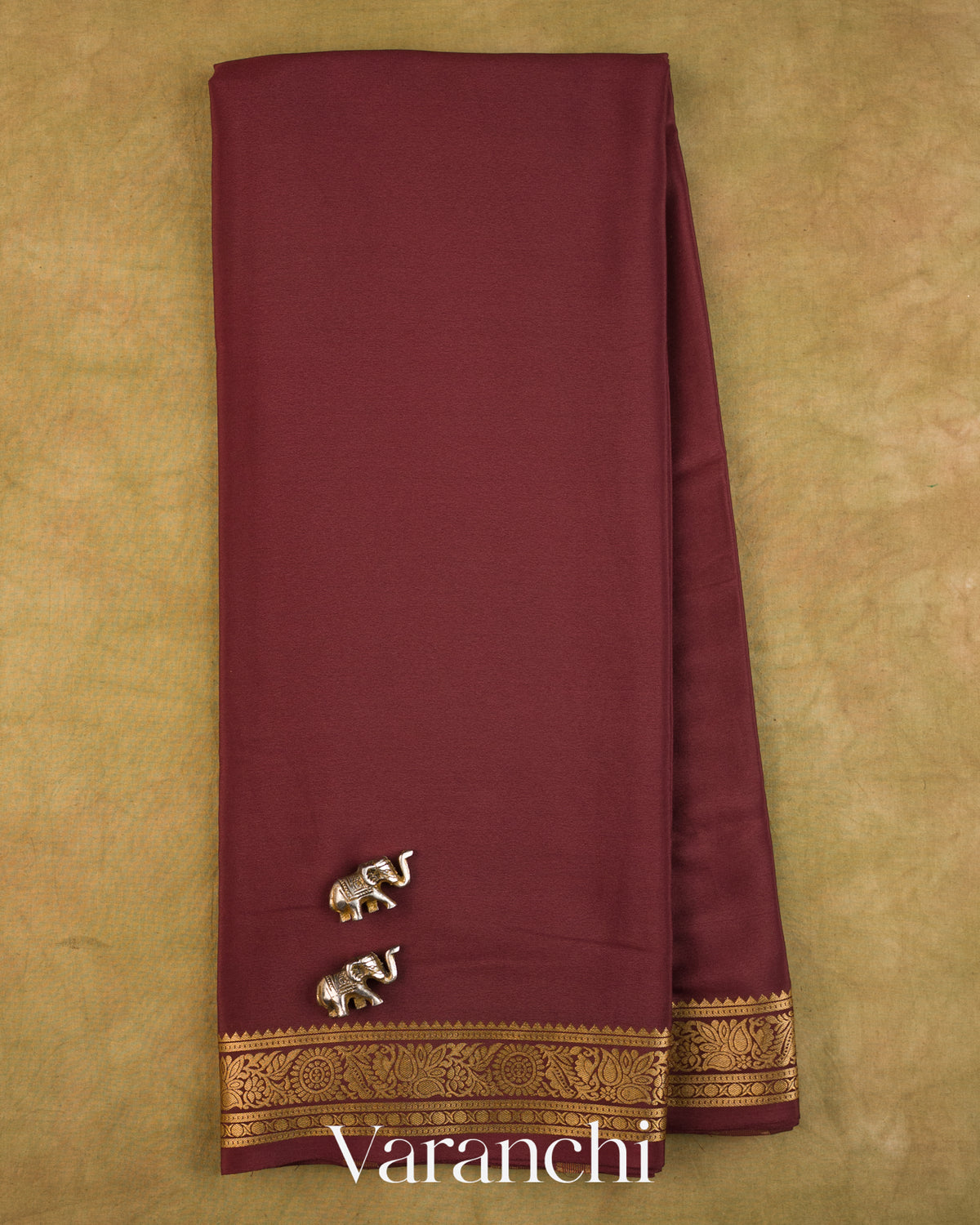Chocolate Brown Pure Mysore Crepe Silk Saree — Full Saree