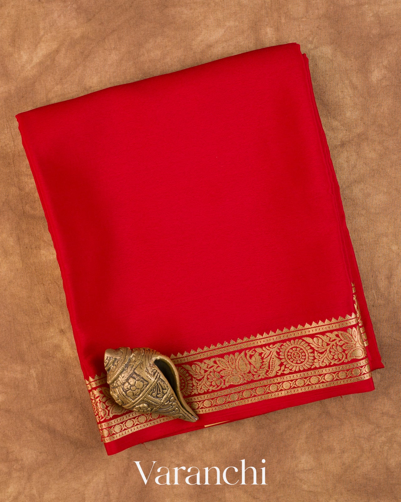 Bright Red Pure Mysore Crepe Silk Saree — Folded
