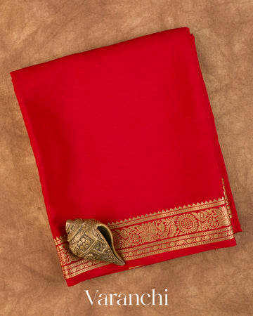 Bright Red Pure Mysore Crepe Silk Saree — Folded