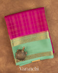 Magenta Pink Checkered Pure Mysore Crepe Silk Saree — Folded