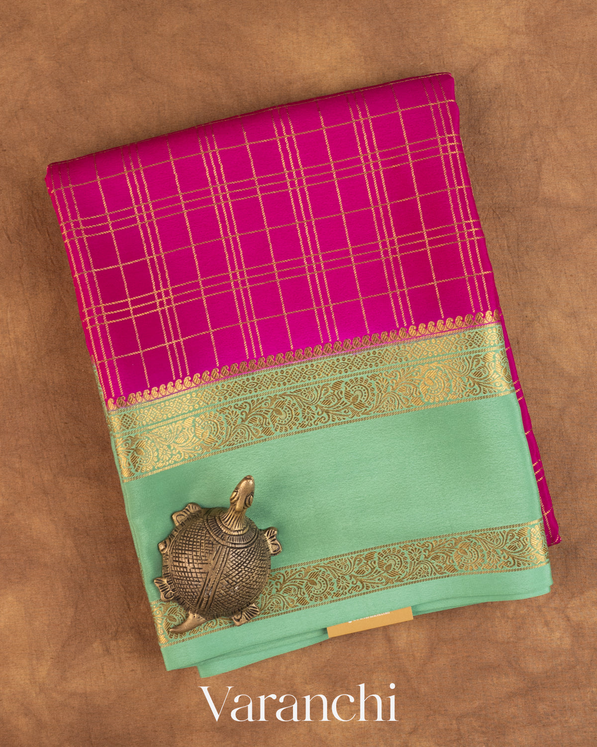 Magenta Pink Checkered Pure Mysore Crepe Silk Saree — Folded